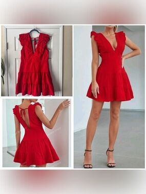 Double Crazy Red Ruffle V-Neck Mini Dress, XL